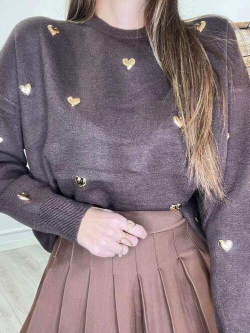 Maglioncino marrone cuori oro