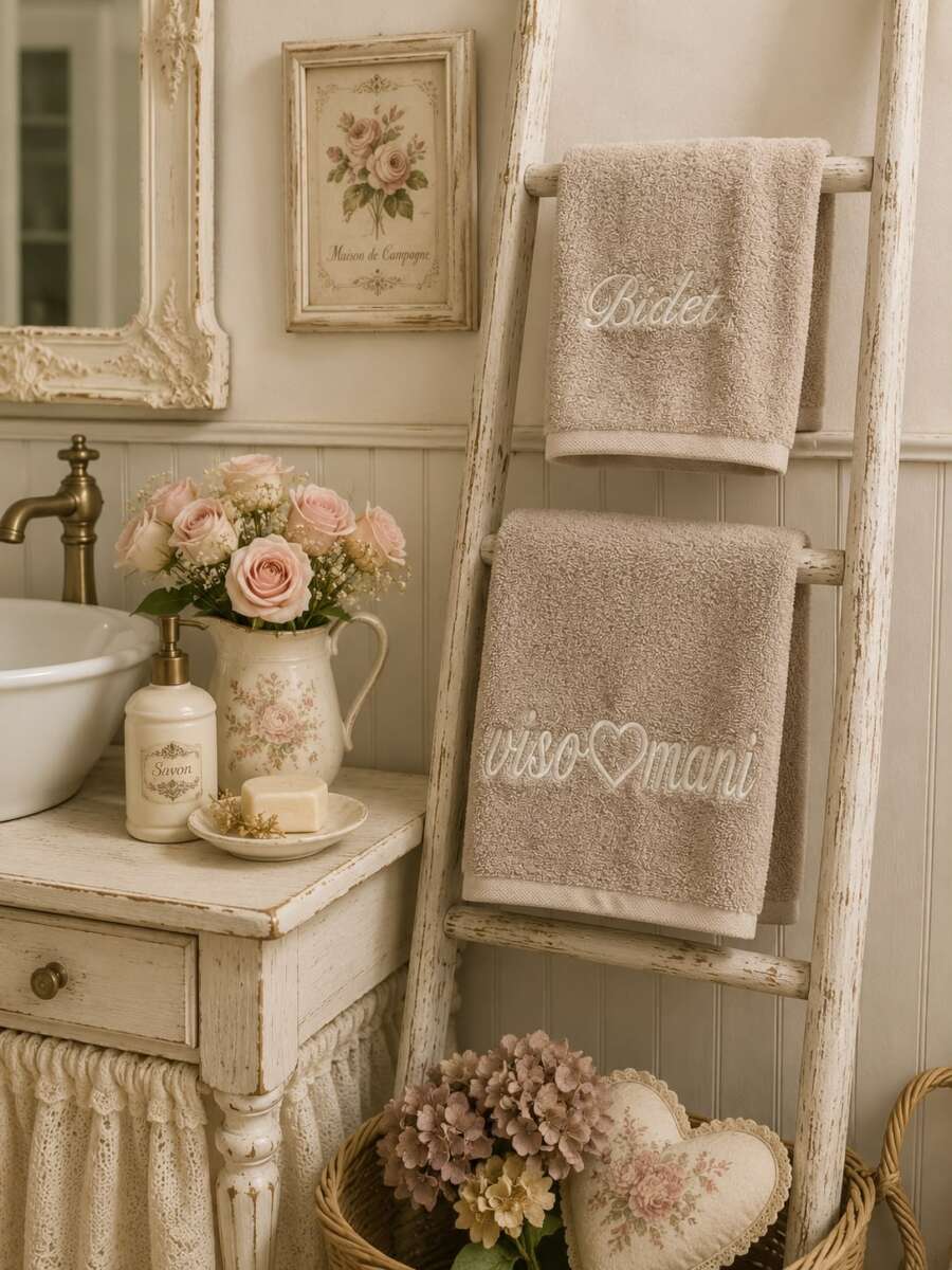 Coppia spugna beige ricamo bianco