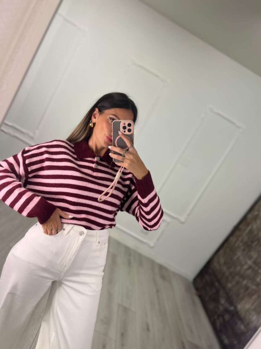 Maglioncino Polo righe bordeaux rosa