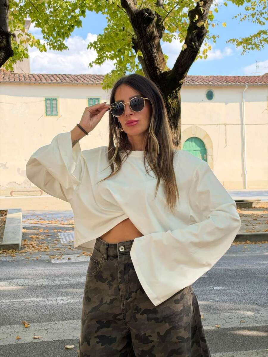 maglia Crop spalline Strutturate a Manica Lunga bianca